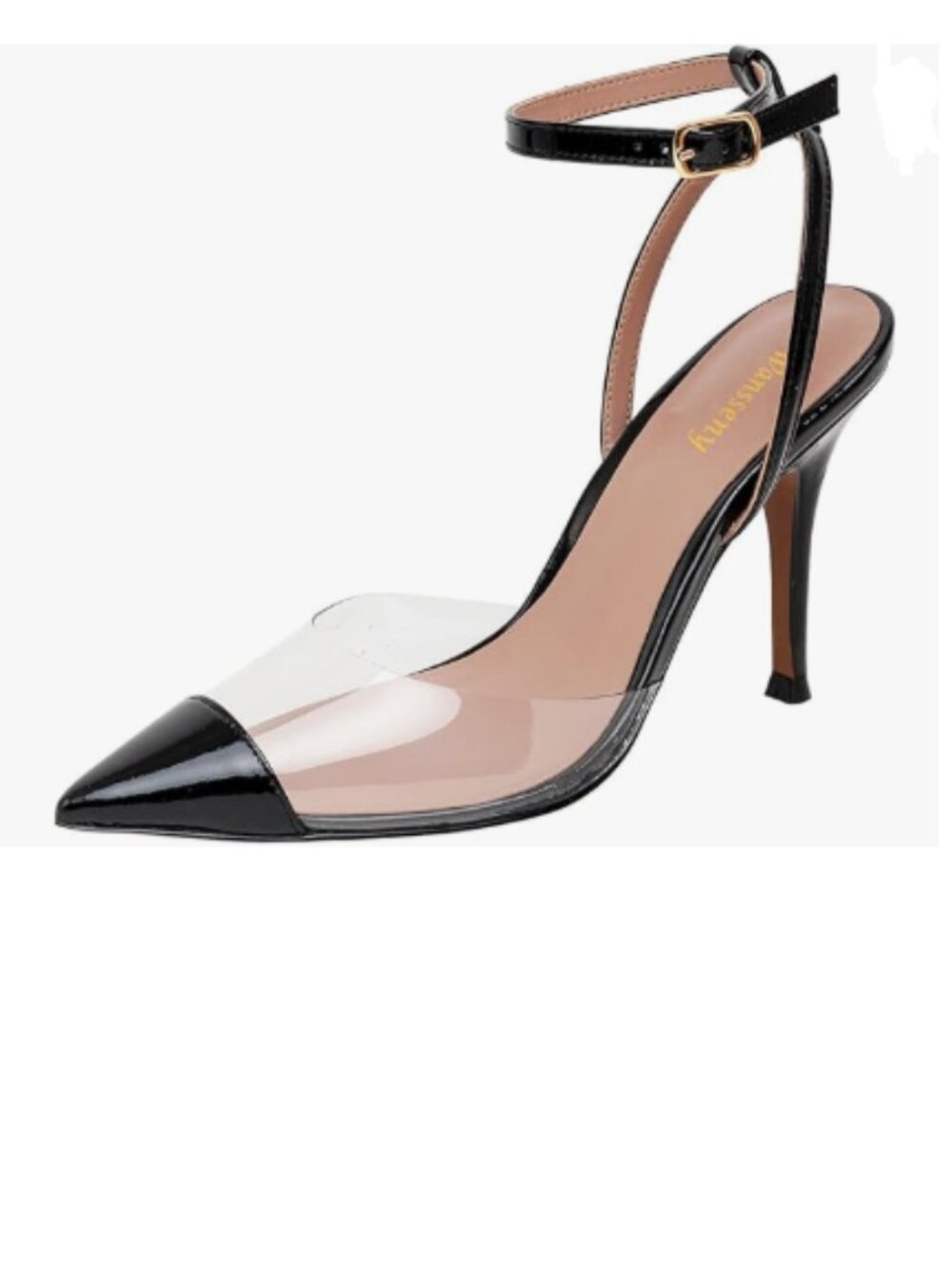 Women Black Thin High Heel Pointed Cap Toe Clear Pumps Ankle Strap Buckle Sandal